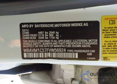 2015 BMW X1 Sdrive28I из США, поврежденный, VIN WBAVM1C57FVW56924
